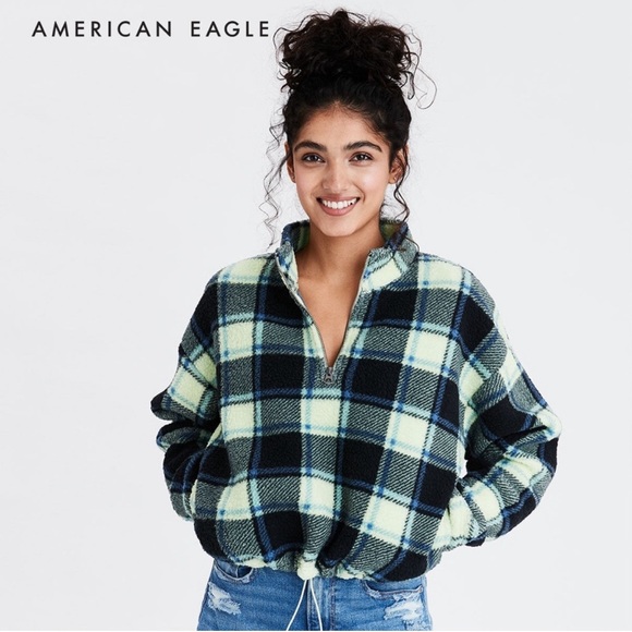 American Eagle Plaid Cropped Pullover Quarter Zip XS - Picture 2 of 8